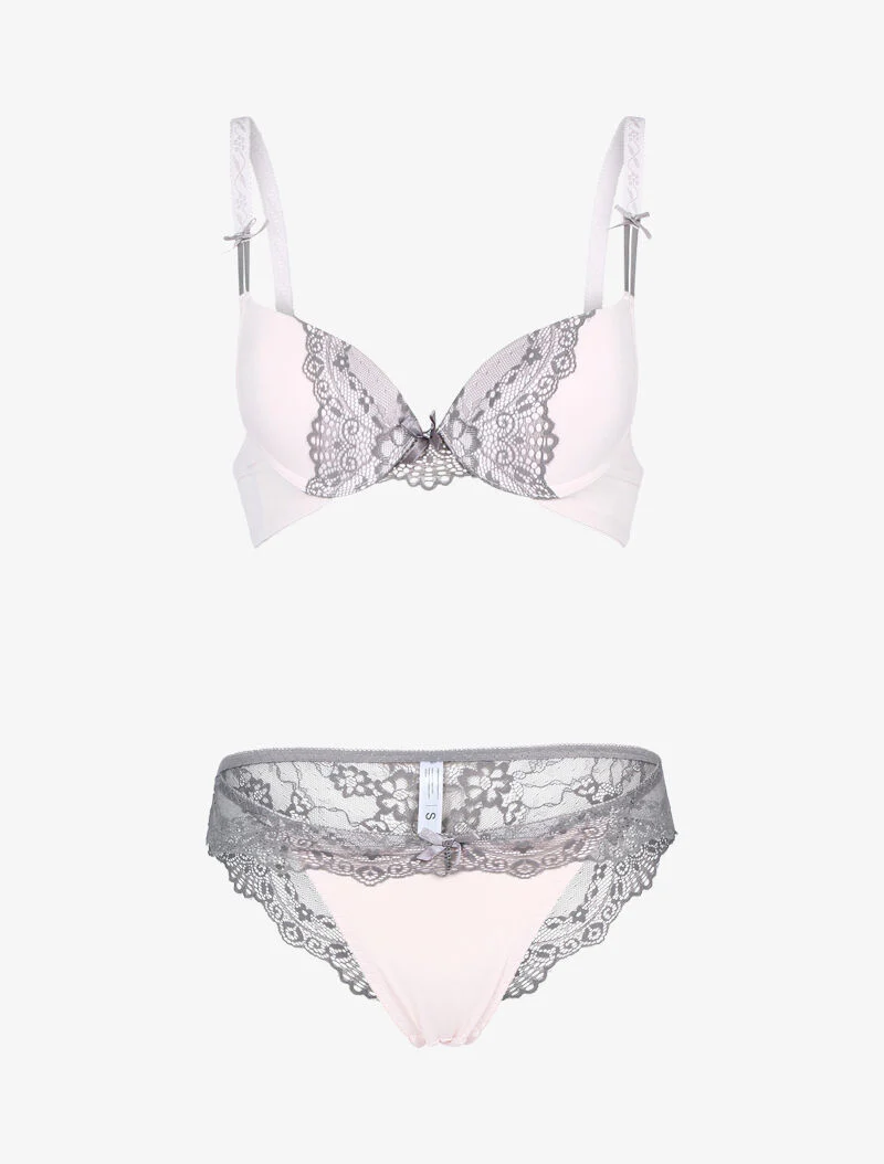 Ensemble à empiècement dentelle effet papillon - rose poudré/gris foncé