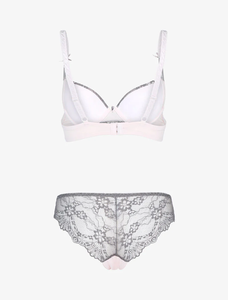Ensemble à empiècement dentelle effet papillon - rose poudré/gris foncé - Image 2