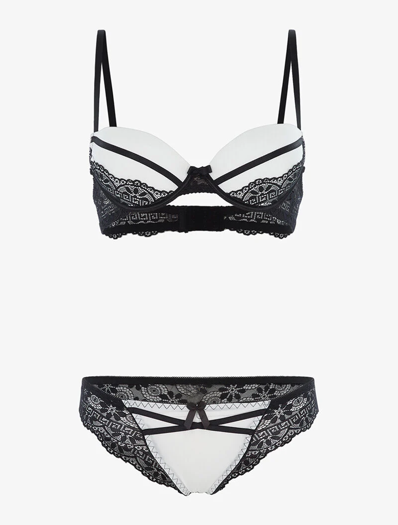 Ensemble à empiècements dentelle et tanga - noir/blanc