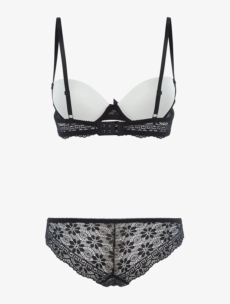 Ensemble à empiècements dentelle et tanga - noir/blanc - Image 2