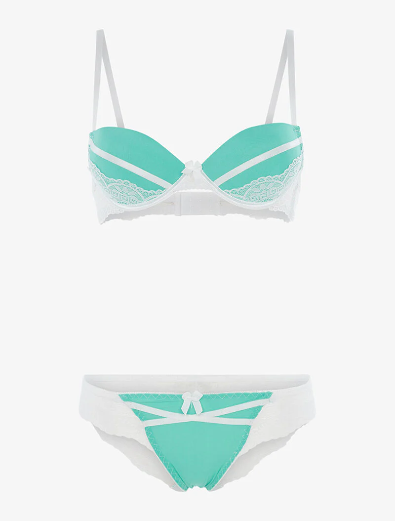 Ensemble à empiècements dentelle et tanga - turquoise/blanc - turquoise