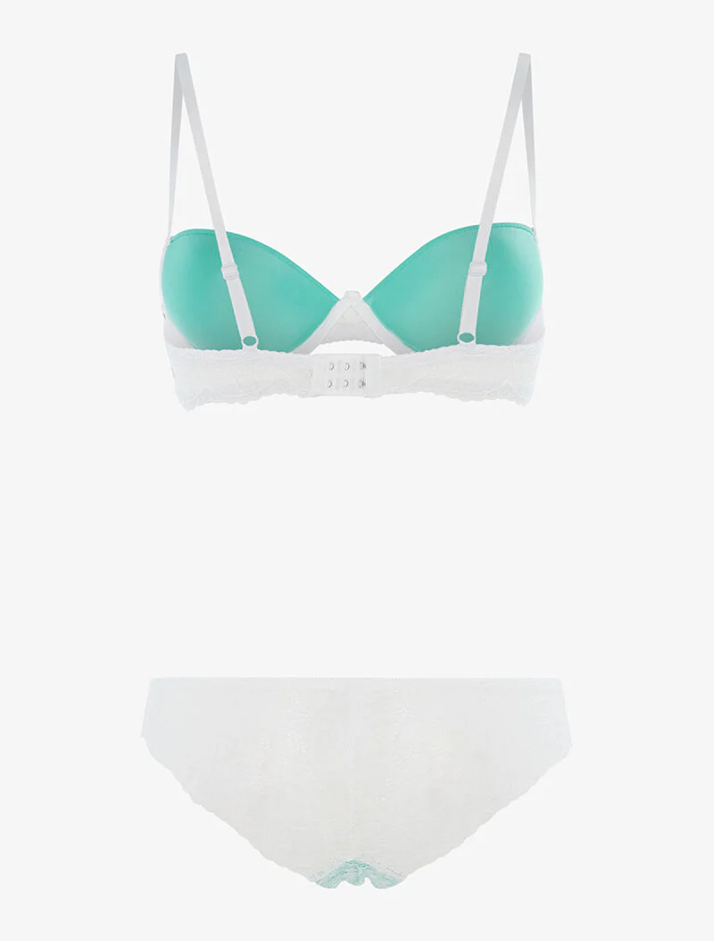 Ensemble à empiècements dentelle et tanga - turquoise/blanc - turquoise - Image 2