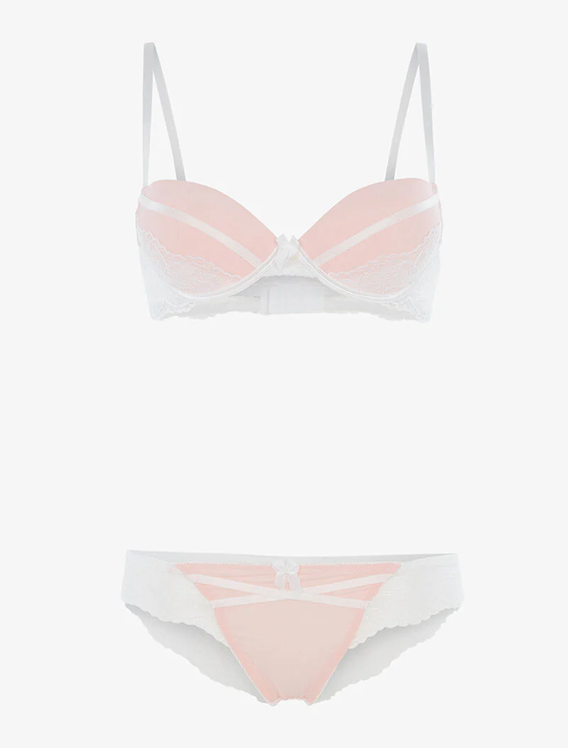Ensemble à empiècements dentelle et tanga - rose/blanc