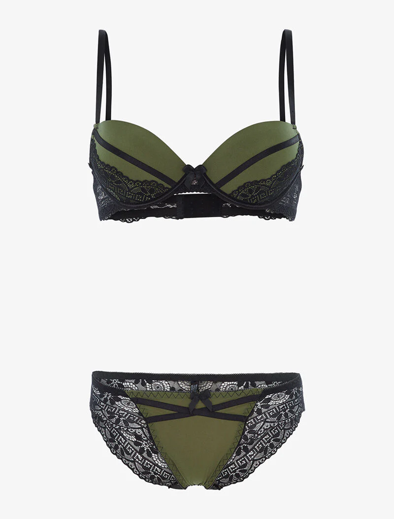 Ensemble à empiècements dentelle et tanga - kaki/noir