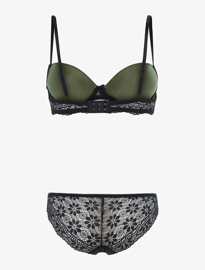 Ensemble à empiècements dentelle et tanga - kaki/noir - Image 2