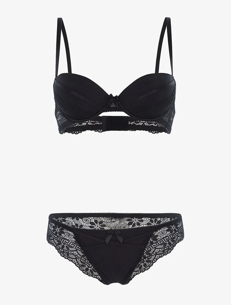 Ensemble à empiècements dentelle et tanga - noir