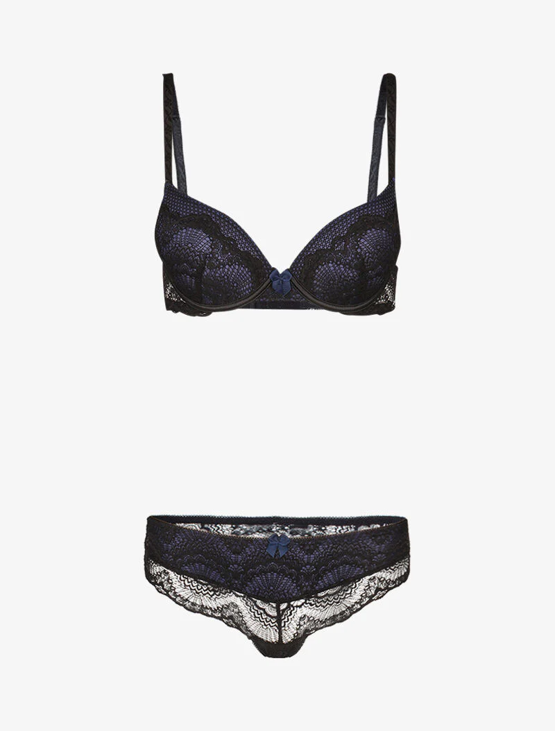 Ensemble à empiècements résille et dentelle fleurie - noir/bleu