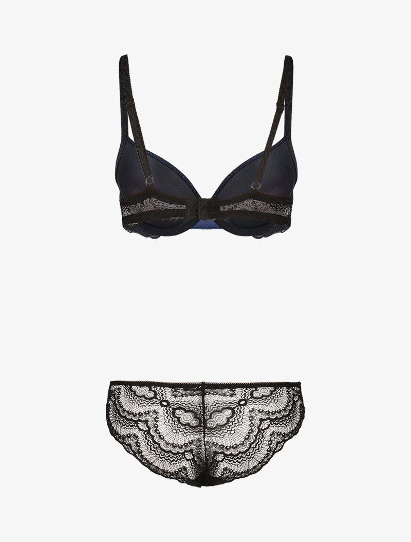 Ensemble à empiècements résille et dentelle fleurie - noir/bleu - Image 2