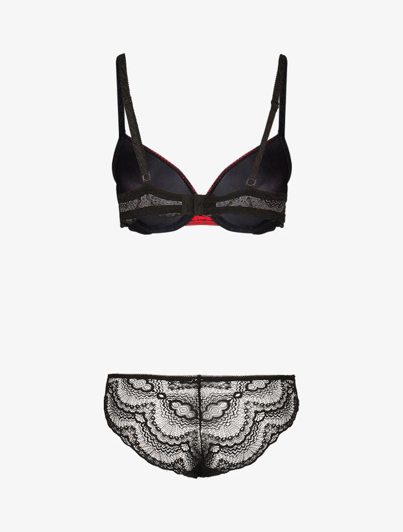 Ensemble à empiècements résille et dentelle fleurie - noir/rouge - Image 2
