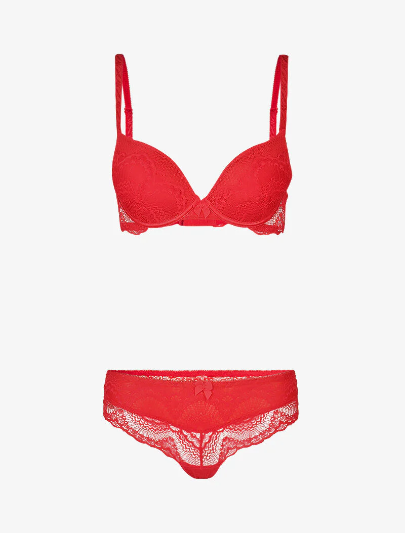 Ensemble à empiècements résille et dentelle fleurie - rouge
