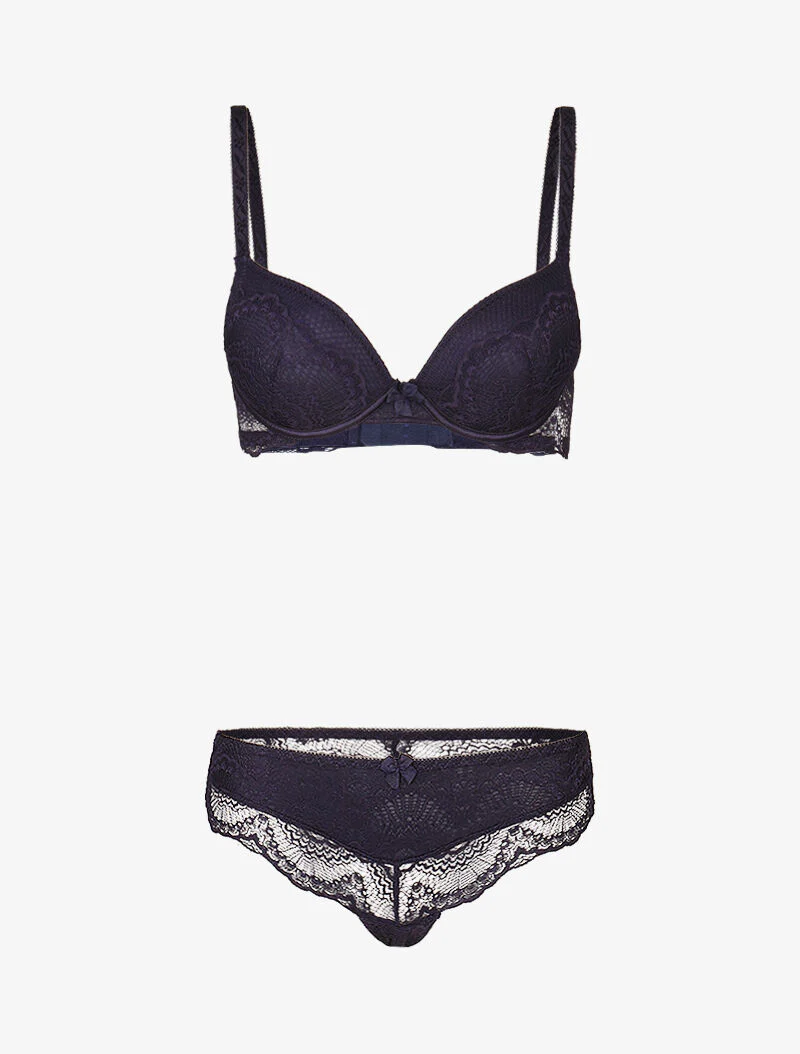 Ensemble à empiècements résille et dentelle fleurie - marine