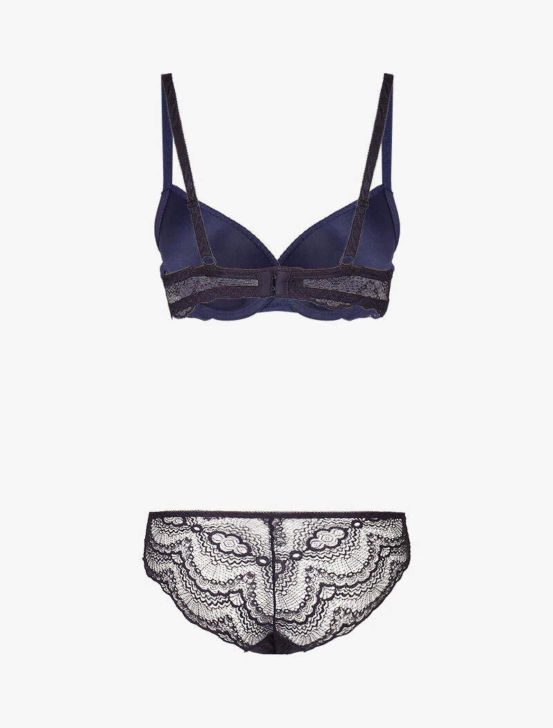 Ensemble à empiècements résille et dentelle fleurie - marine - Image 2