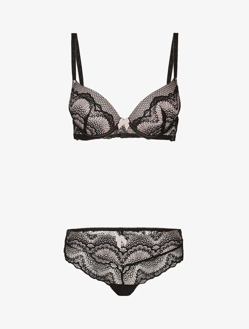 Ensemble à empiècements résille et dentelle fleurie - noir/rose