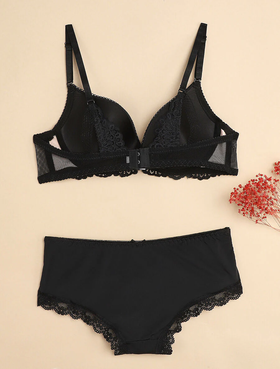 Ensemble à fine broderie festonnée et shorty - Noir/nude - Image 2