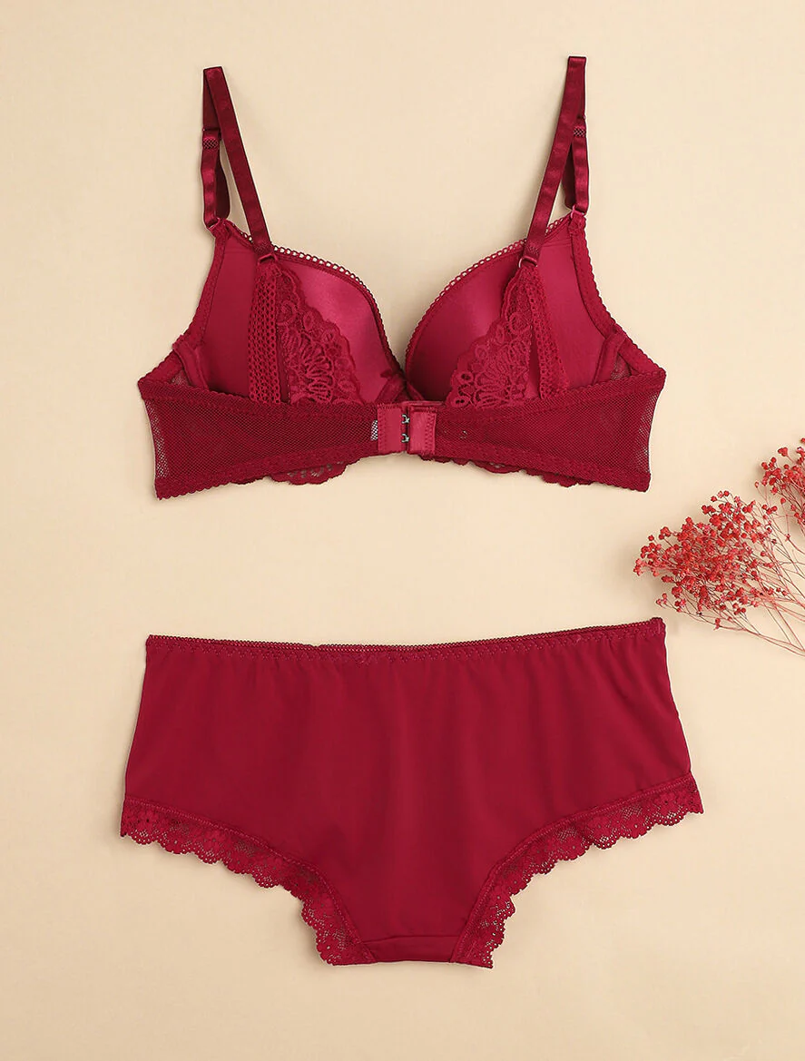 Ensemble à fine broderie festonnée et shorty - Prune - Image 2
