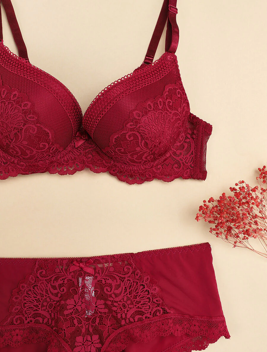 Ensemble à fine broderie festonnée et shorty - Prune - Image 3