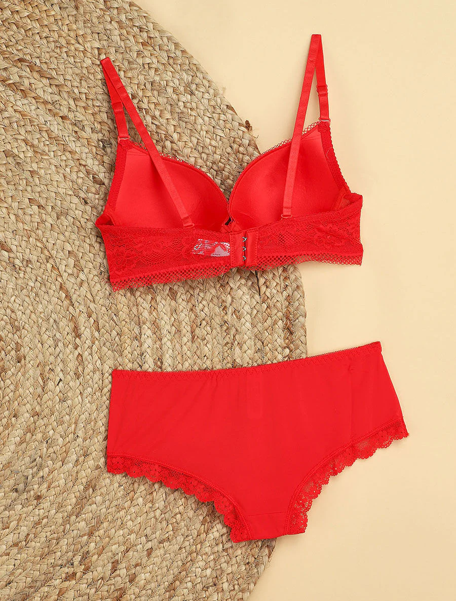 Ensemble à fine broderie fleurie et shorty - Rouge - Image 2