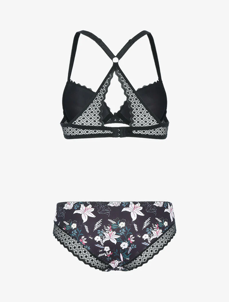 Ensemble à imprimé fleur et bords brodés - noir - Image 2