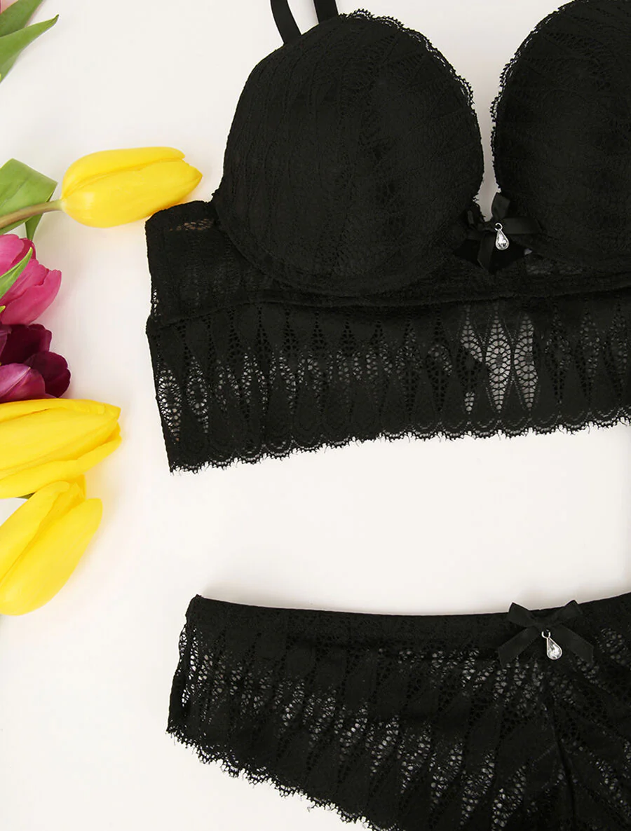 Ensemble à large empiècement dentelle - Noir - Image 3