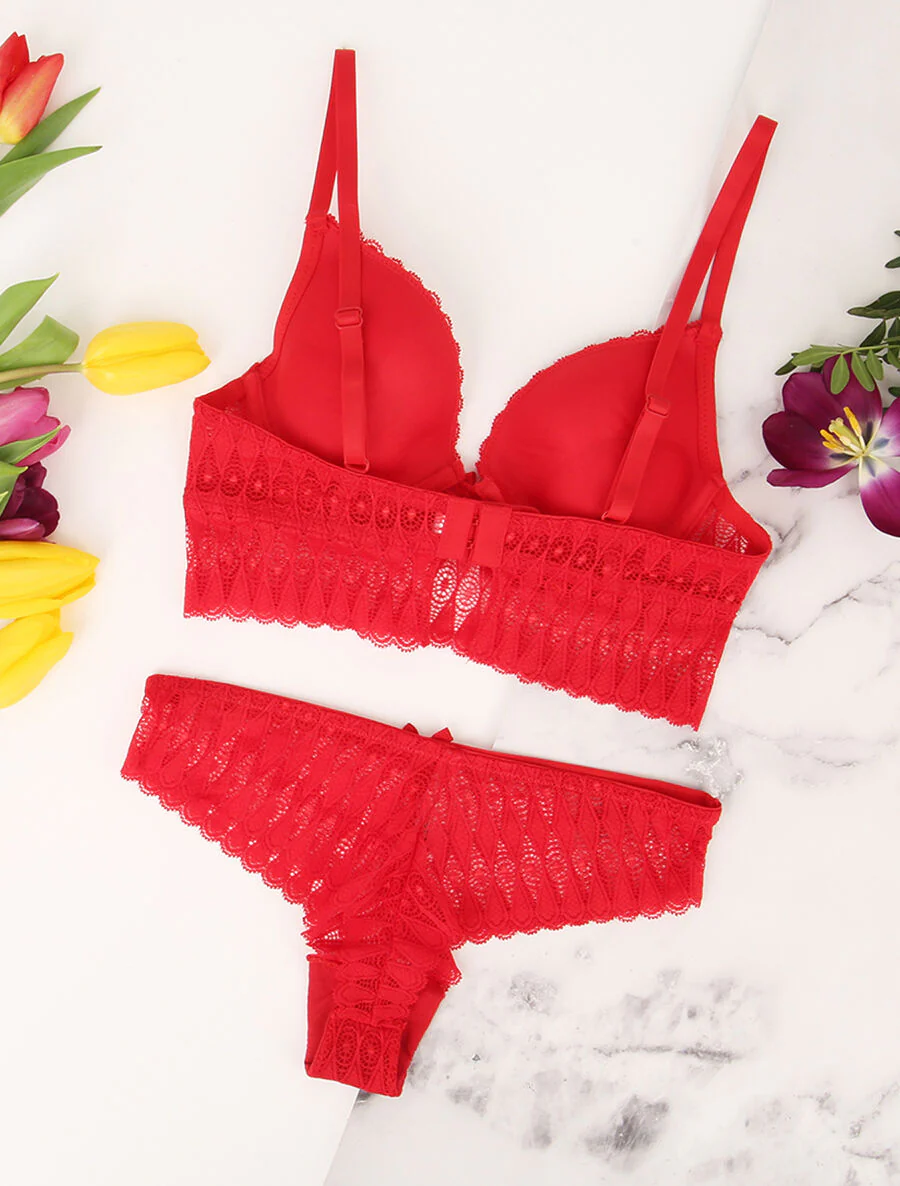 Ensemble à large empiècement dentelle - Rouge - Image 2