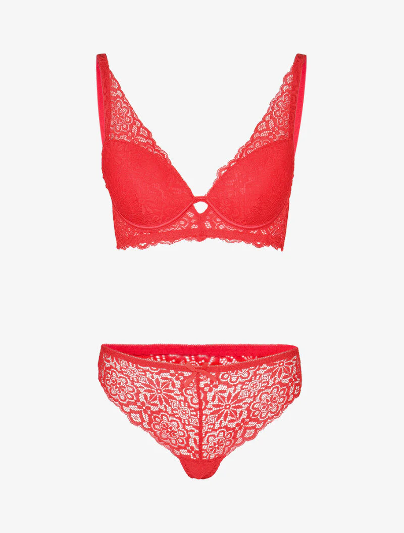 Ensemble ampliforme en dentelle fleurie - rouge