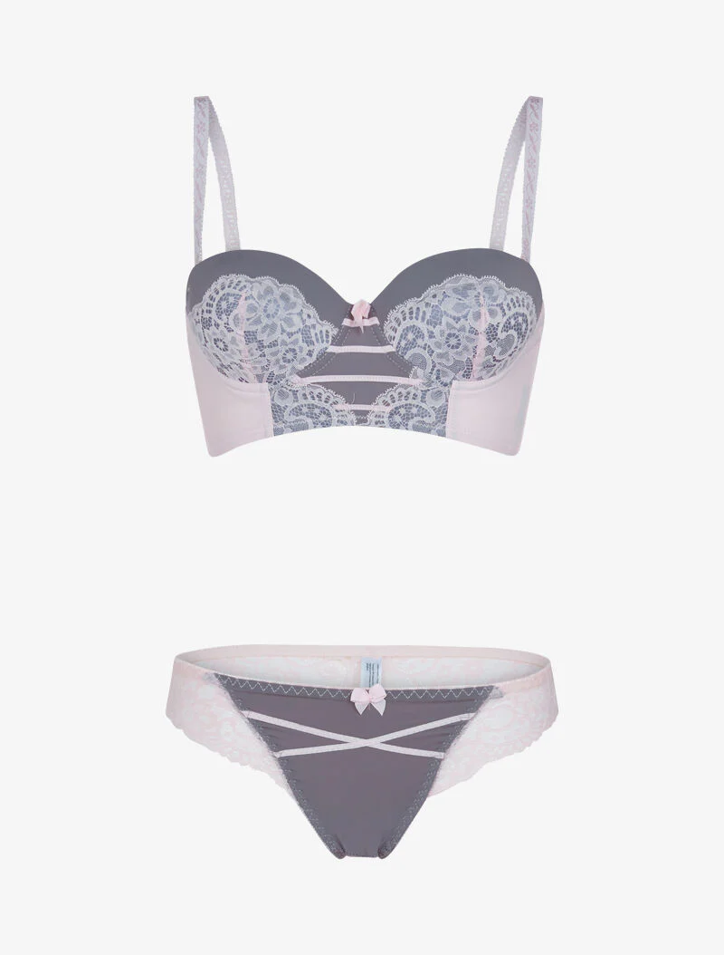 Ensemble bustier à détails dentelle - gris foncé/rose poudré