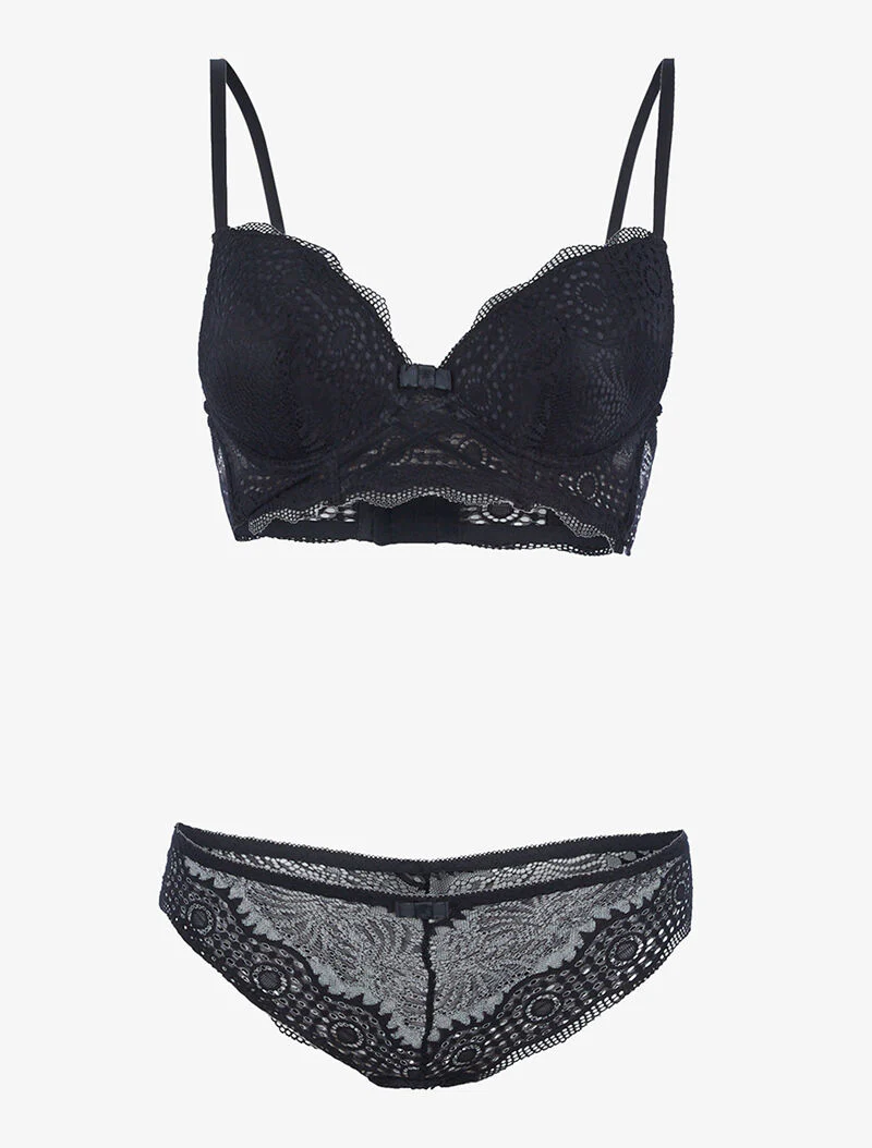 Ensemble bustier à empiècements dentelle ajourés - noir