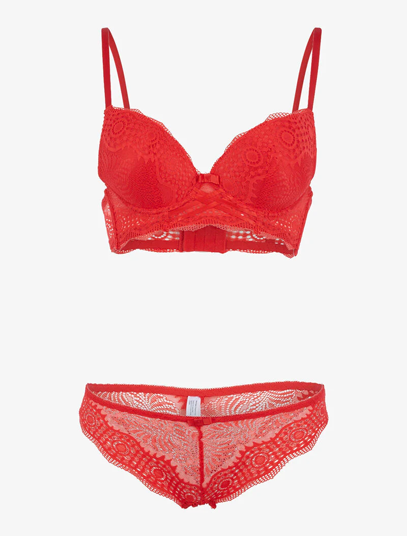 Ensemble bustier à empiècements dentelle ajourés - rouge