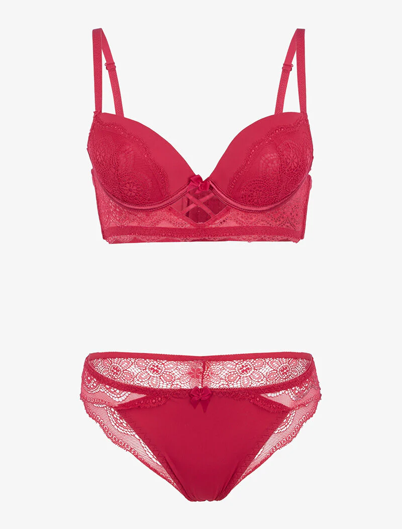 Ensemble bustier à empiècements dentelle - rouge framboise - rouge