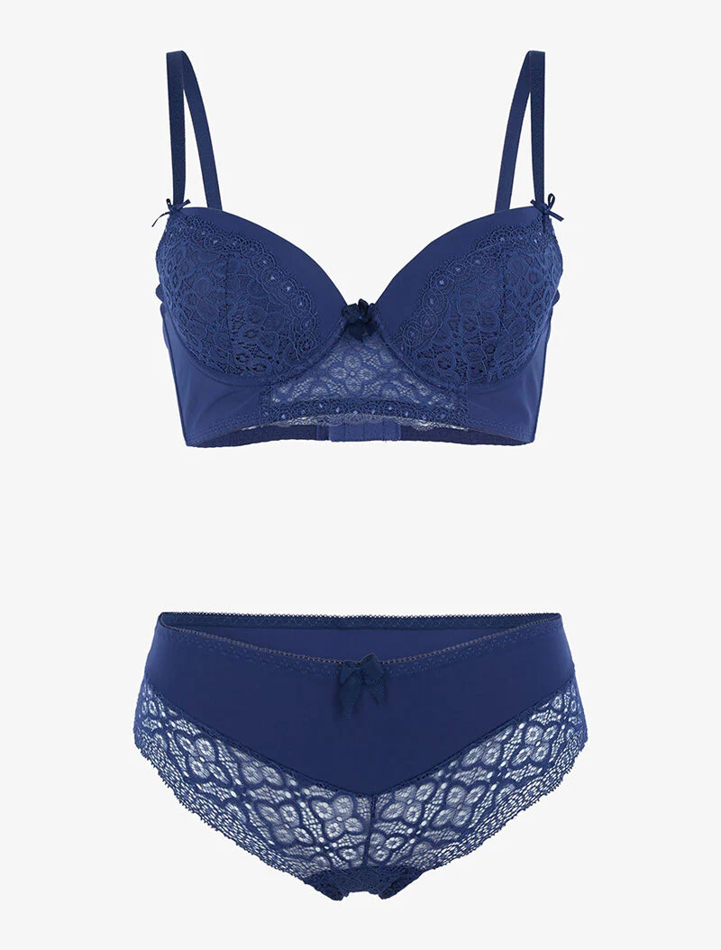Ensemble bustier à petites fleurs en dentelle - marine