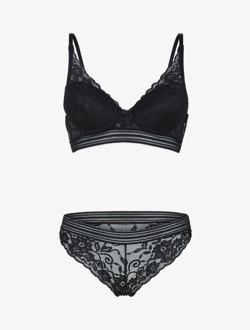 Ensemble bustier en dentelle et bandes - noir