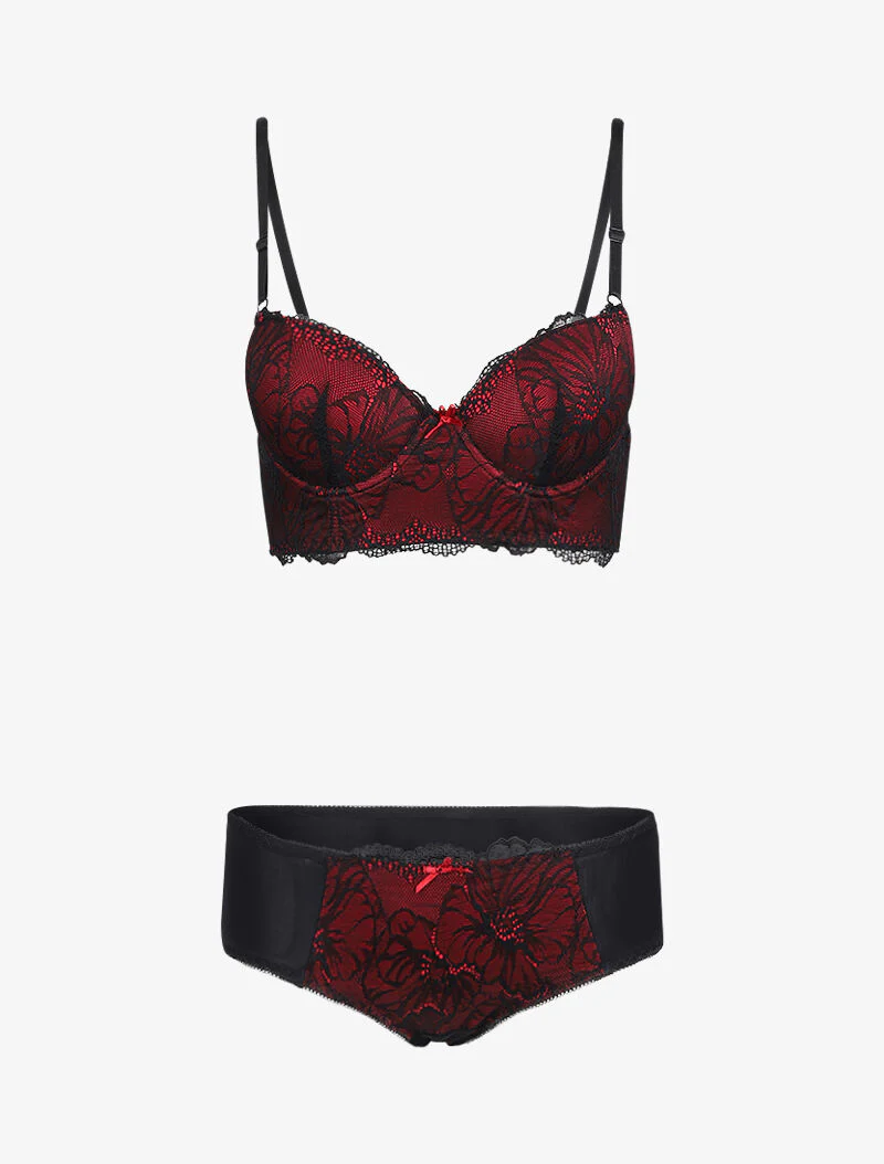 Ensemble bustier en dentelle et résille - Noir/rouge