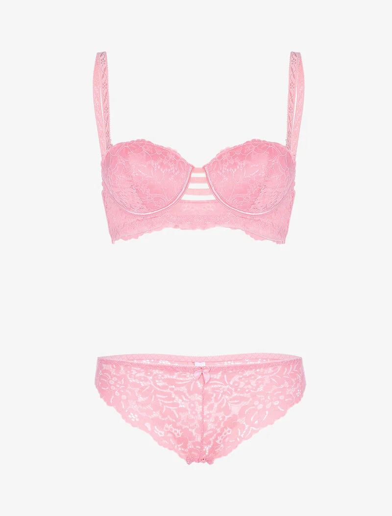 Ensemble bustier en dentelle festonnée et lanières - rose