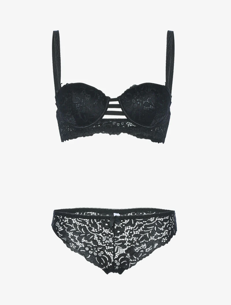 Ensemble bustier en dentelle festonnée et lanières - noir