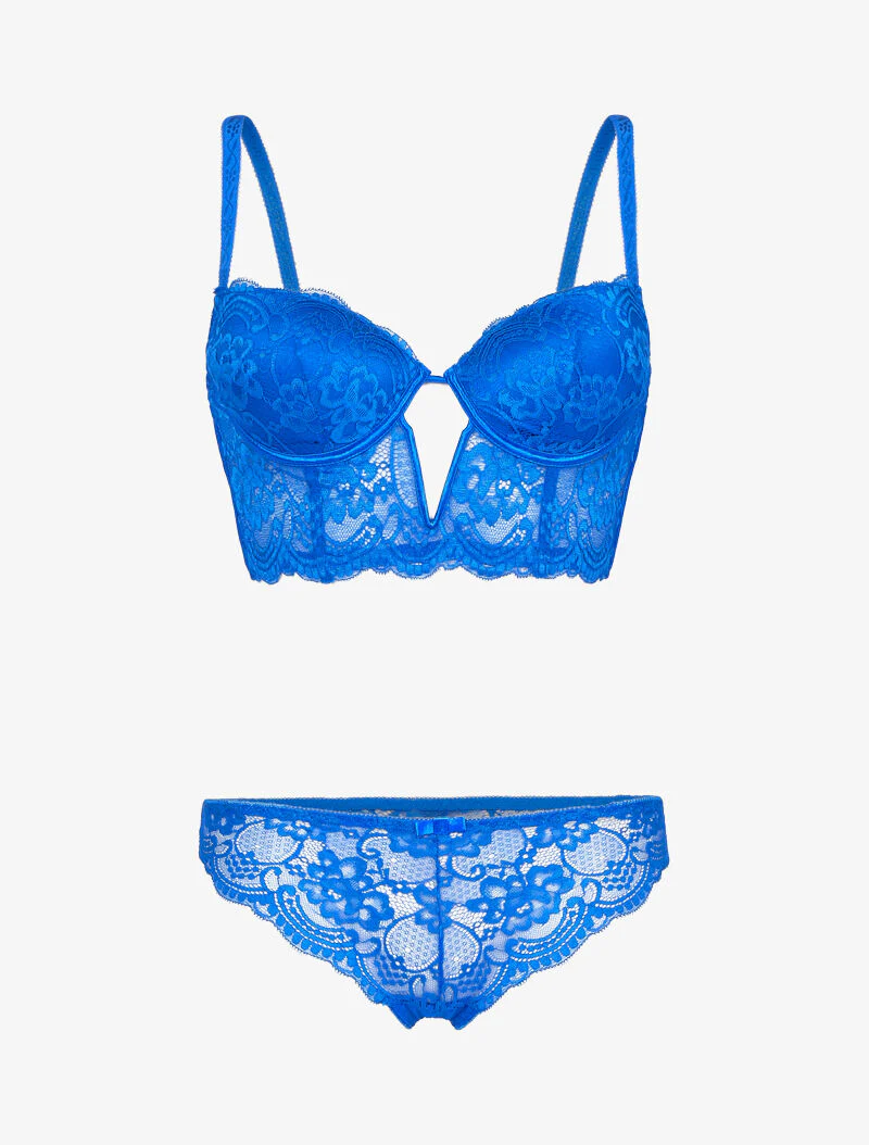 Ensemble bustier en dentelle fleurie - bleu électrique