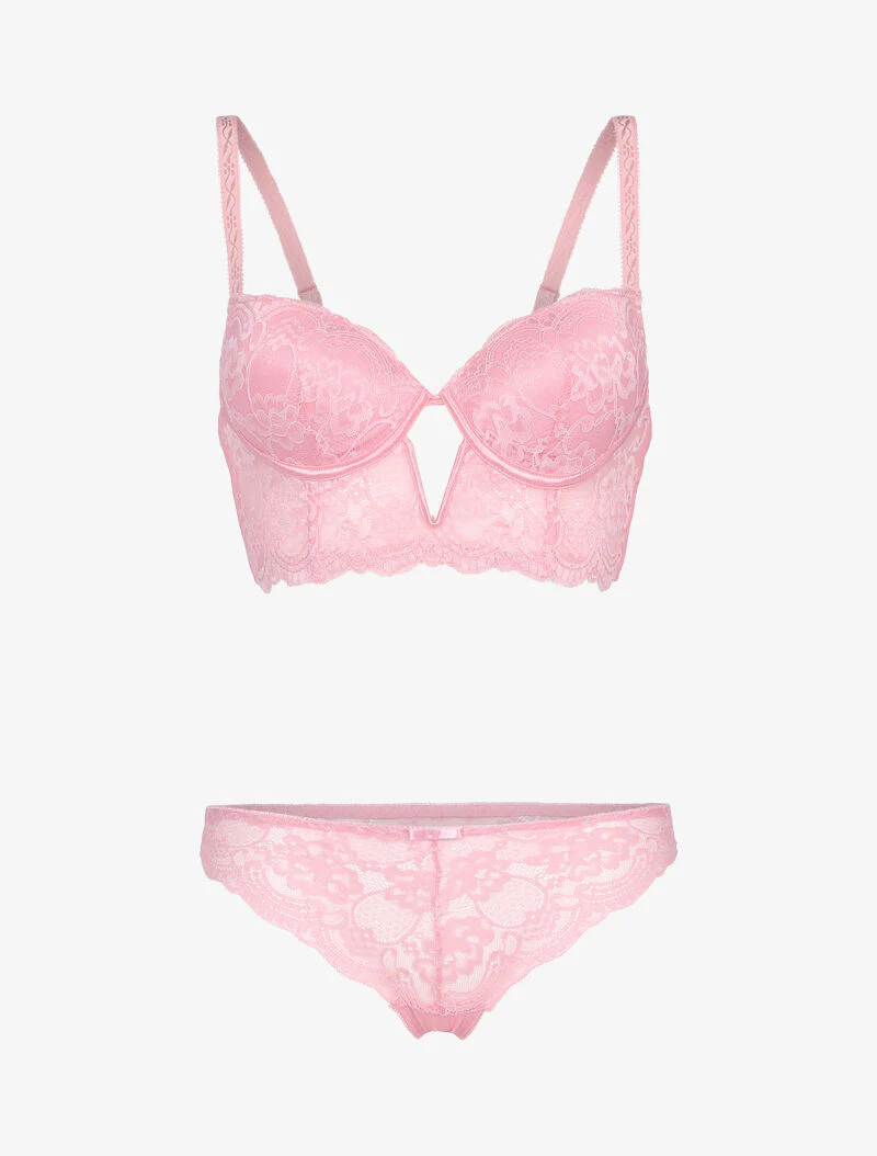 Ensemble bustier en dentelle fleurie - rose