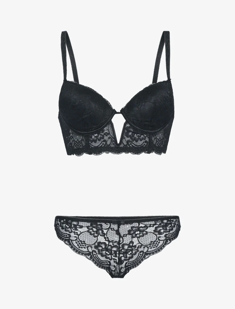 Ensemble bustier en dentelle fleurie - noir