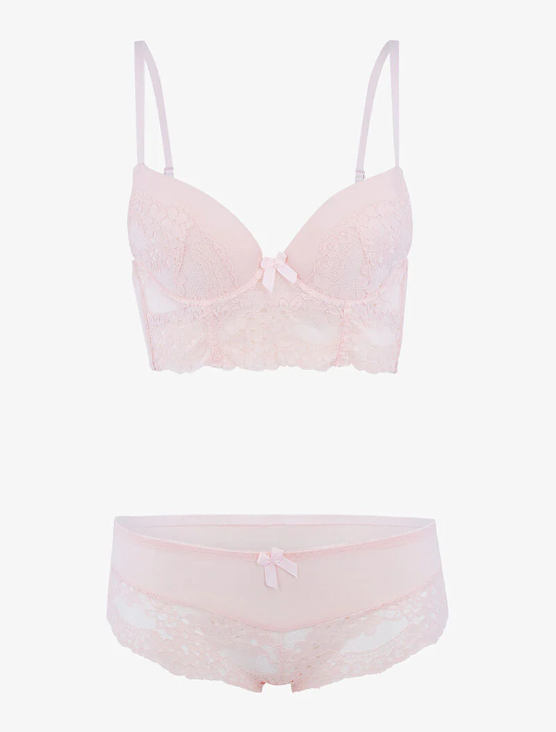 Ensemble bustier en dentelle fleurie - rose poudré - rose orange