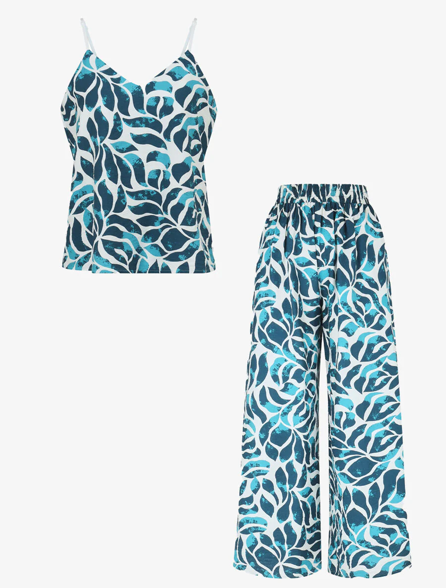 Ensemble caraco et pantalon imprimé abstrait - Turquoise