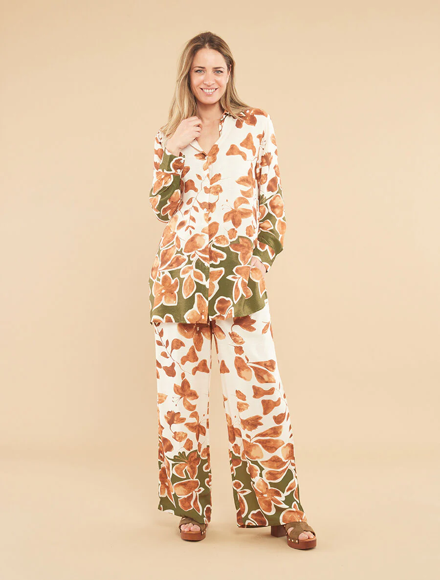Ensemble chemise et pantalon imprimé floral - Marron