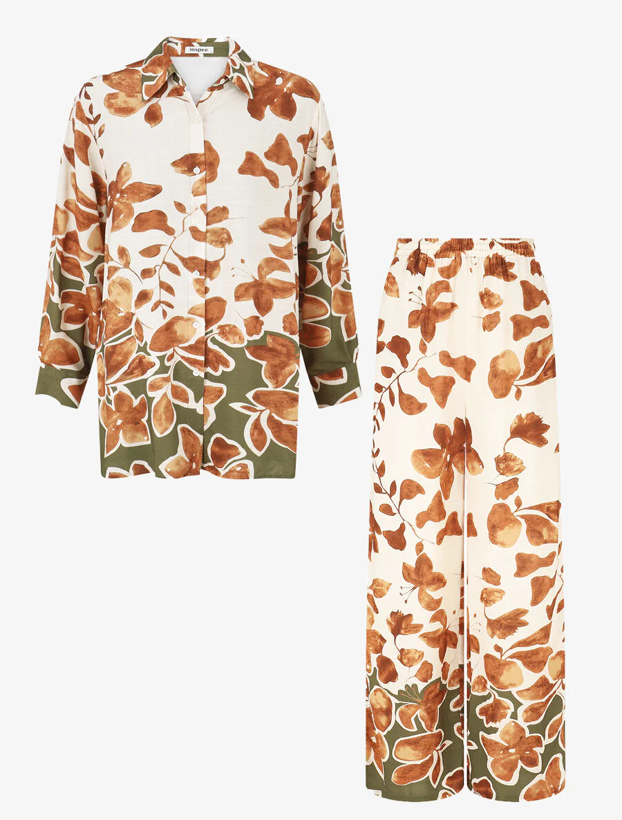 Ensemble chemise et pantalon imprimé floral - Marron - Image 2