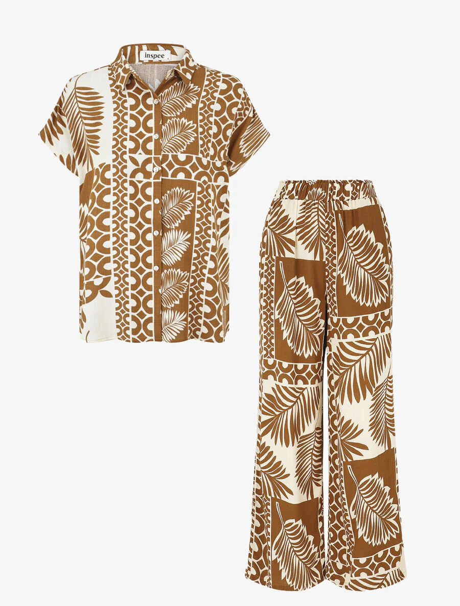 Ensemble chemise et pantalon imprimé tropical - Marron - Image 2
