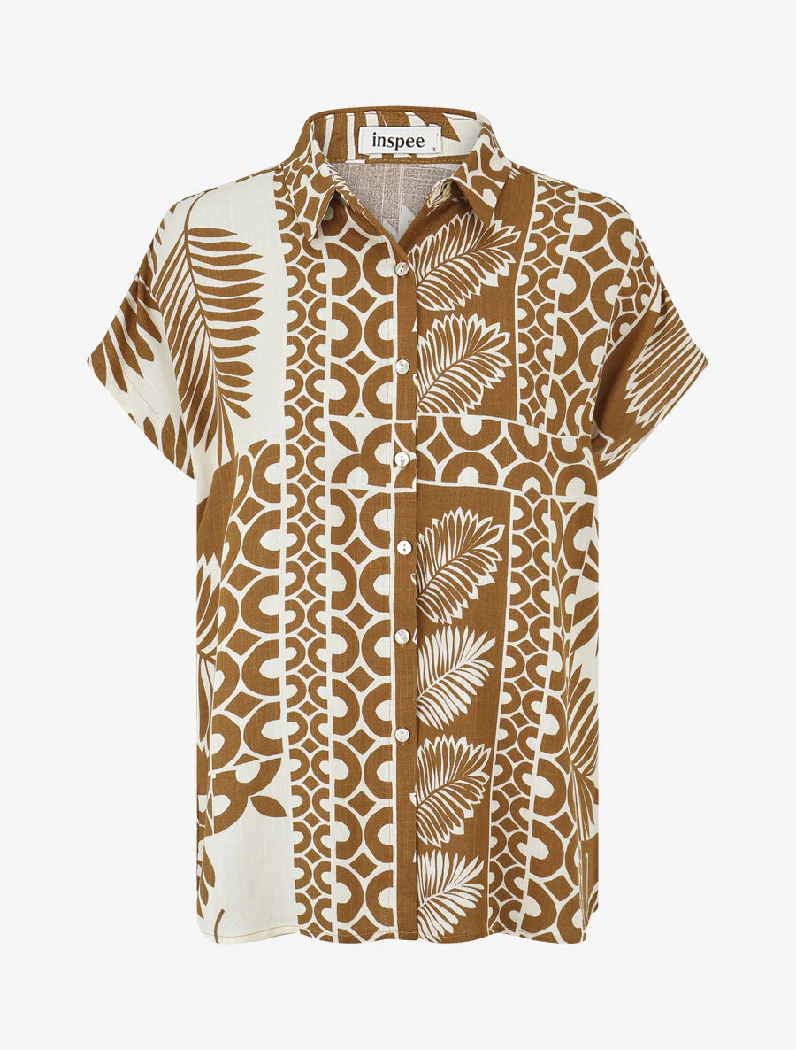 Ensemble chemise et pantalon imprimé tropical - Marron - Image 3