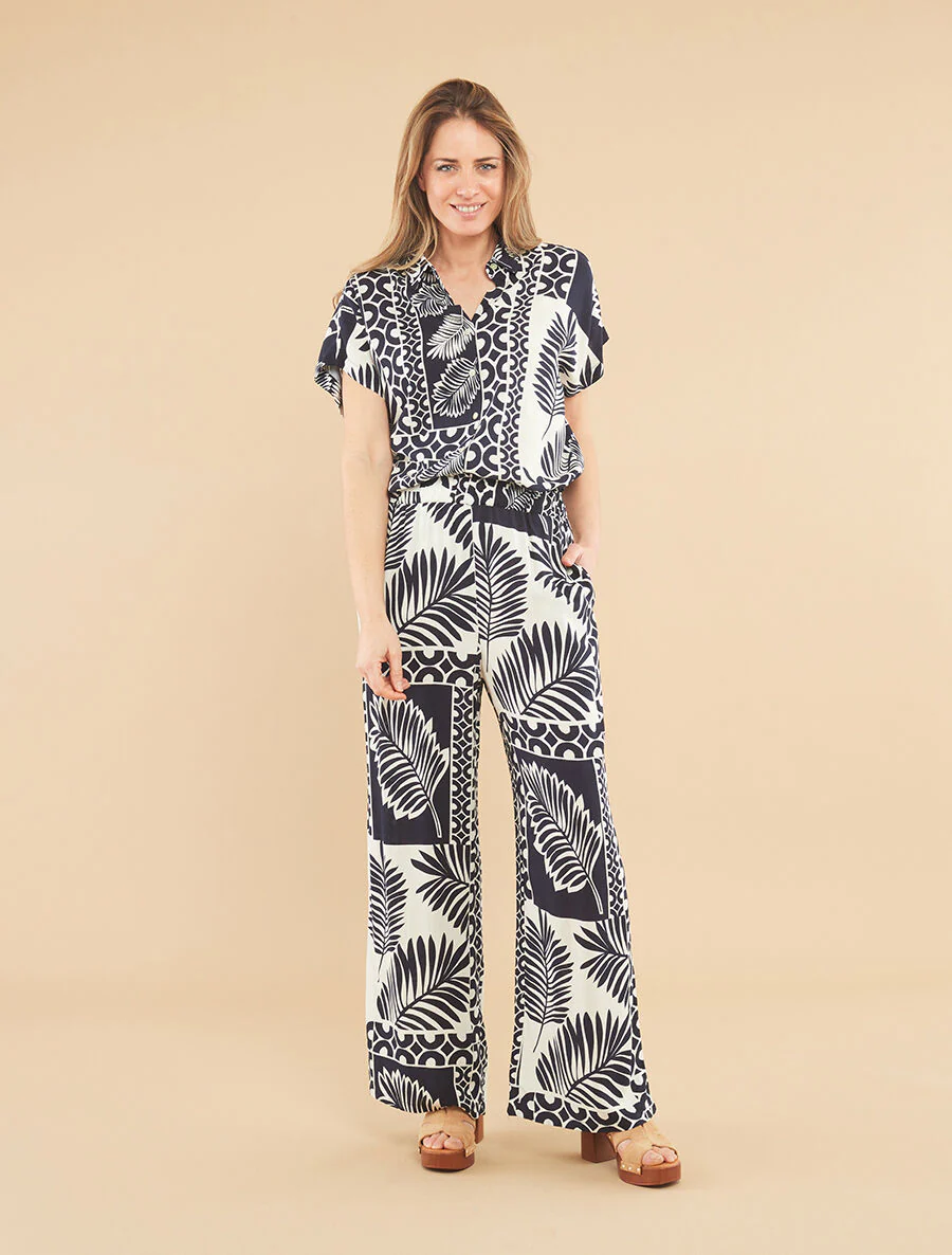 Ensemble chemise et pantalon imprimé tropical - Marine