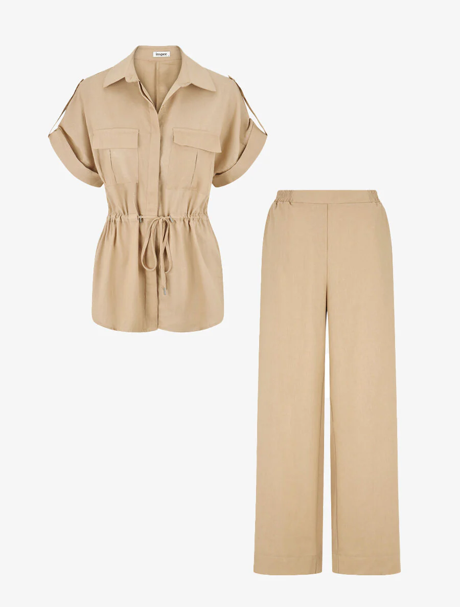 Ensemble chemise et pantalon uni effet lin - Beige - Image 2