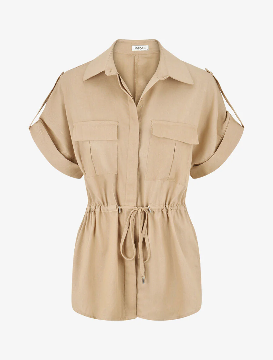 Ensemble chemise et pantalon uni effet lin - Beige - Image 3