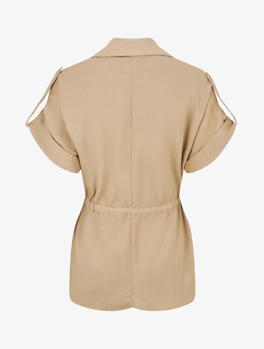 Ensemble chemise et pantalon uni effet lin - Beige - Image 4