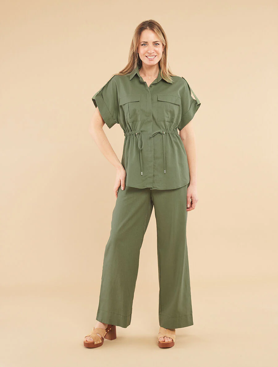 Ensemble chemise et pantalon uni effet lin - Kaki