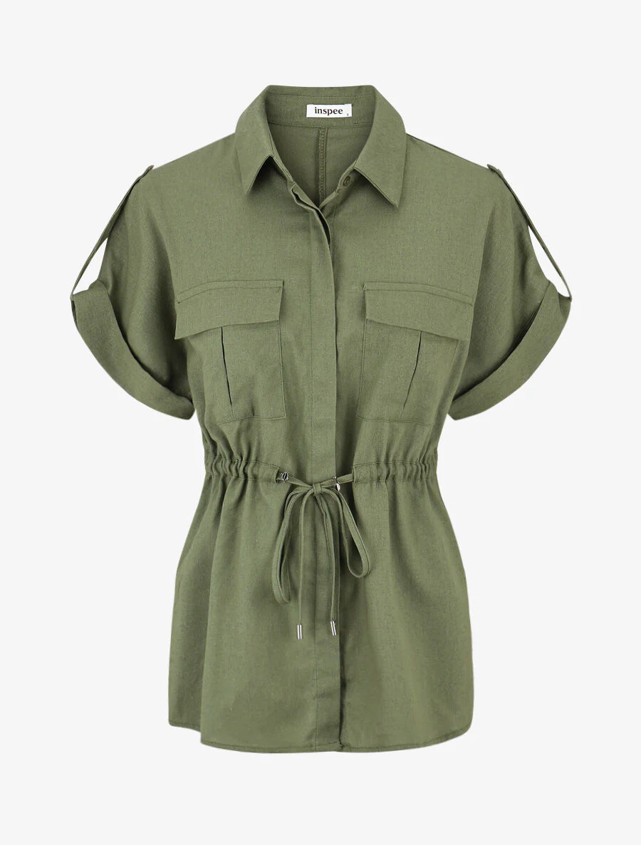 Ensemble chemise et pantalon uni effet lin - Kaki - Image 3