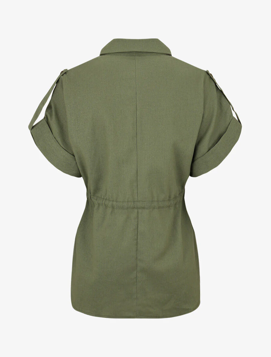 Ensemble chemise et pantalon uni effet lin - Kaki - Image 4